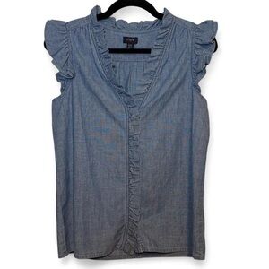 J.Crew Blue Chambray Blouse + Ruffle/Flutter Collar/Sleeves
